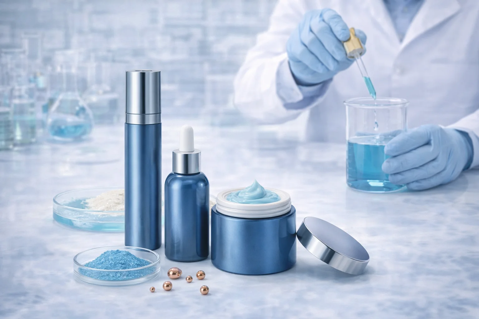 Blue cosmetic containers on a lab table with a technician using a dropper and beakers in the background, showcasing product formulation.