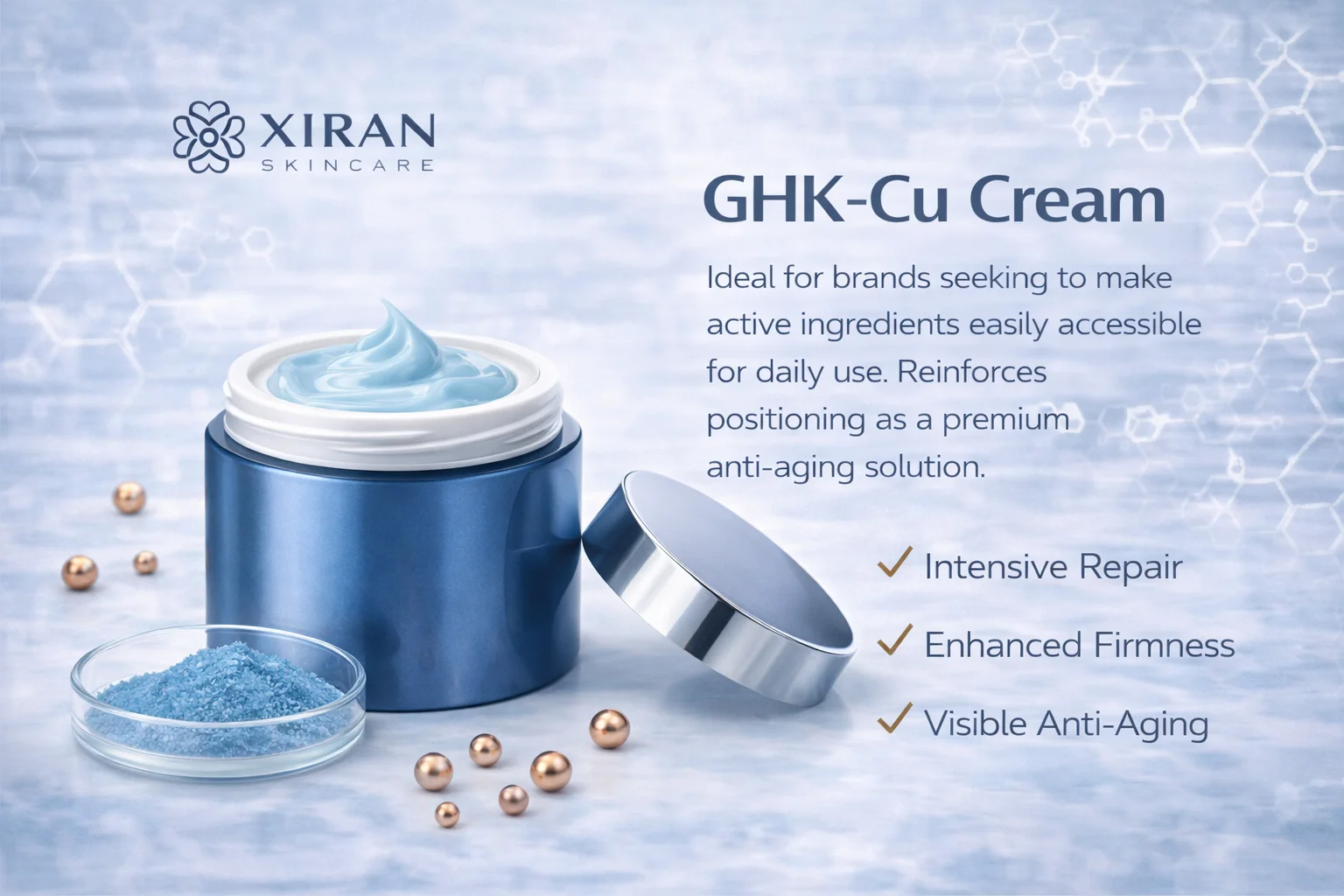 Open blue jar of GHK-Cu Cream with product details like intensive repair, enhanced firmness, and visible anti-aging benefits.