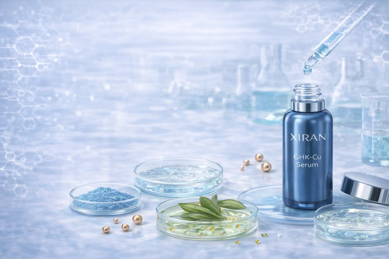 A bottle of Xiran GHK-Cu Serum with a dropper dispensing liquid, surrounded by petri dishes with green leaves, blue powder, and liquid, symbolizing skincare and science.