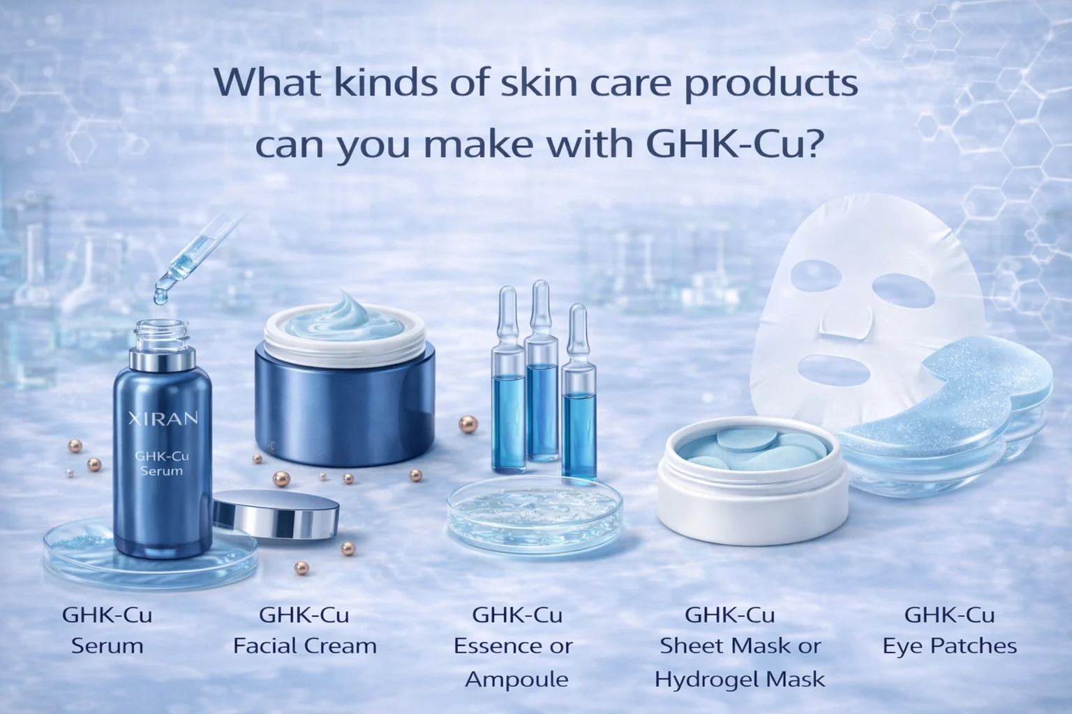Various GHK-Cu skincare products including serum, facial cream, essence, sheet mask, and eye patches on a decorative background.