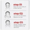 Illustrated three-step guide for applying a sheet mask: apply evenly, let it sit for 15-20 minutes, then massage remaining serum.
