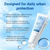 SPF 50 sunscreen lotion emphasizing urban and outdoor protection benefits, sweat resistance, and skin barrier support against UVA/UVB rays.