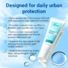 Tube of SPF 50 waterproof sunscreen with benefits listed, including UVA/UVB protection, tone-up effect, and water-resistant qualities.