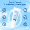 Tube of SPF 50 sunscreen against blue background with text highlighting its gentle formula, vegan attributes, and skin-safe qualities.