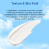 Text explaining a lightweight sunscreen that spreads smoothly and is durable, alongside a cream smear with a blue sky background.
