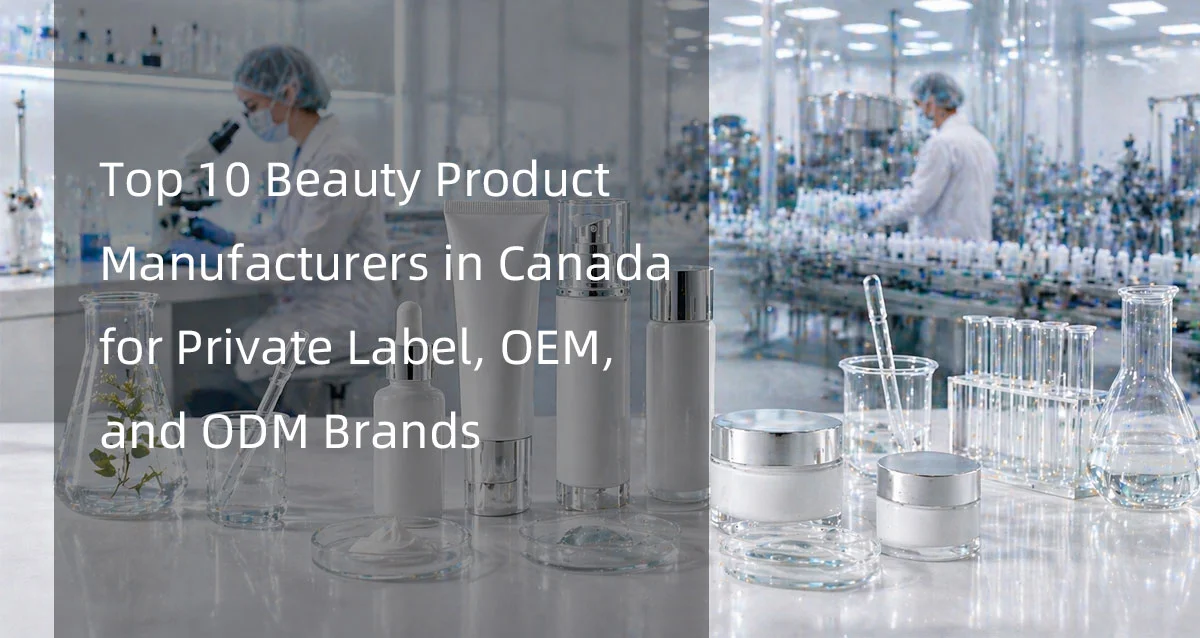 Laboratory with cosmetics packaging on the foreground and scientists working in the background, highlighting beauty product manufacturing in Canada.