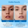 Side-by-side comparison showcasing skin improvement before and after product use, with text explaining outdoor protection and tone enhancement.