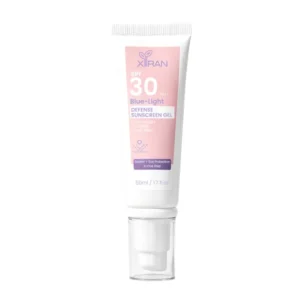 Xiran SPF 30 sunscreen gel with blue light defense, lightweight formula, and daily wear benefits in a 50ml tube.
