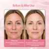 Side-by-side comparison showing before-use effects like oily T-zone and after-use results like clearer pores and matte skin.