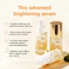 Three bottles of Xiran VC brightening serum displayed on a light surface with product benefits listed above in text.
