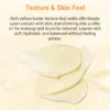 Close-up of rich yellow butter texture for skincare shown with descriptive text about its use and benefits.