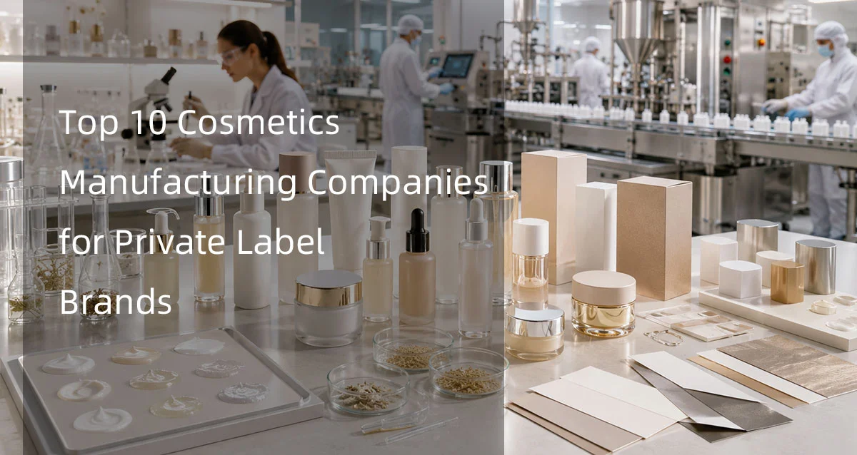 Various cosmetic bottles and jars displayed on a lab table, with a production line and lab staff in the background, highlighting cosmetics manufacturing for private label brands.