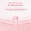Visual of Formula Technology 3-in-1 cleansing system with pink molecular design and text highlighting makeup removal, exfoliation, and gentle cleansing benefits.