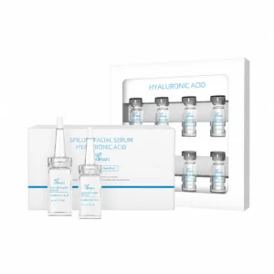 Hyaluronic acid facial serum set featuring box, individual bottles, and labeled vials. Minimalist white and blue packaging design.