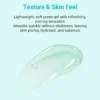 Soft green gel texture highlighted against a light blue background, described as lightweight, refreshing, and quick-absorbing.