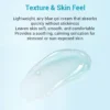 Close-up of lightweight, airy blue gel cream texture with text describing its soothing, hydrating, and non-sticky properties.