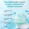 A lightweight oxygen cream in a frosted jar, highlighting hydration benefits alongside ice cube imagery for soothing effects.