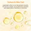 Closeup of lightweight yellow serum drops on a soft background with text highlighting its smooth application and hydrating properties.