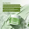 A green jar of matcha anti-oil algae mud on a smooth, green paste background with key benefits listed nearby.