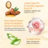 Graphic showcasing jojoba and camellia seed oils, rosa hybrid flower extract, gardenia fruit extract, aloe vera, and Ou Baku Ekisu with descriptions.