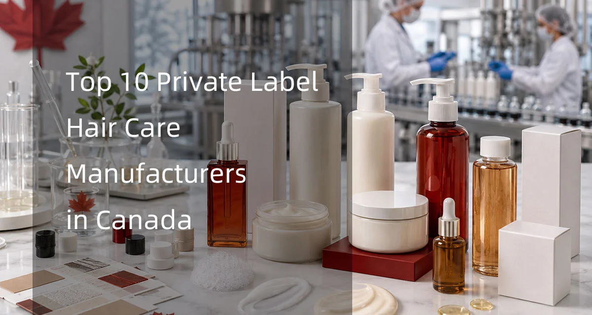 Display of haircare bottles and jars on a table with a lab environment in the background, highlighting Canadian private label manufacturers.