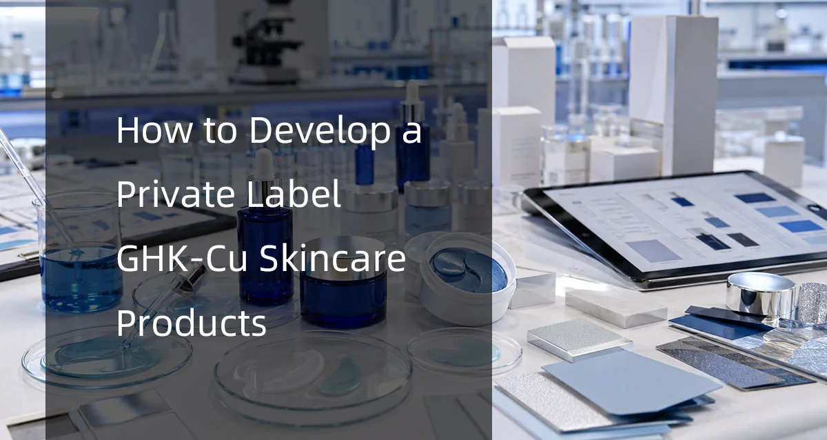 Laboratory setup with containers, skincare samples, and digital tablet displaying product designs to explain private label development for GHK-Cu skincare products.