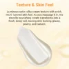 Close-up of a luminous satin-silky cream texture with text highlighting its hydrating and multi-layered benefits for radiant skin.