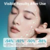 Close-up of a woman's face with glowing skin, digital skin effects, and statistics highlighting positive skincare results.