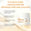 VC cleansing butter balm container with benefits highlighted, including hydration, makeup removal, and skin brightening.