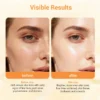 Side-by-side comparison showing visible skincare results, with text describing improvements like reduced fine lines and smoother skin.