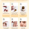 Step-by-step instructions showing how to use a Vitamin C serum, including peeling the seal, mixing serum, dissolving tablet, and applying to face.
