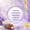Visual representation of advanced moisture blend highlighting lavender, niacinamide, shea butter, jojoba oil, and Vitamin E with decorative lavender, shea nuts, and oil droplets.