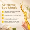 Instructions for using at-home hand or foot masks with an illustrative image featuring a hand, a liquid splash, and spa elements like a towel and flower.