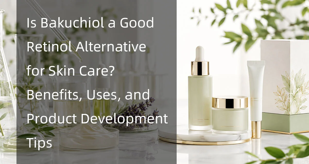 A collection of skincare products, including a serum dropper bottle, cream jar, and tube, surrounded by natural elements like lavender and leaves, with text discussing bakuchiol as a skincare ingredient.