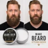 Before and after results of using beard balm on a styled beard. Product tin labeled 'Xiran Beard Balm' displayed below.