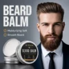 Beard balm product advertisement featuring an open tin of balm, labeled 'Xiran Beard Balm Conditioning & Styling,' alongside a man in a suit with a well-groomed beard.