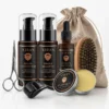 Beard care kit featuring Xiran branded beard conditioner, shampoo, oil, balm, grooming scissors, comb, and brush in a burlap bag.