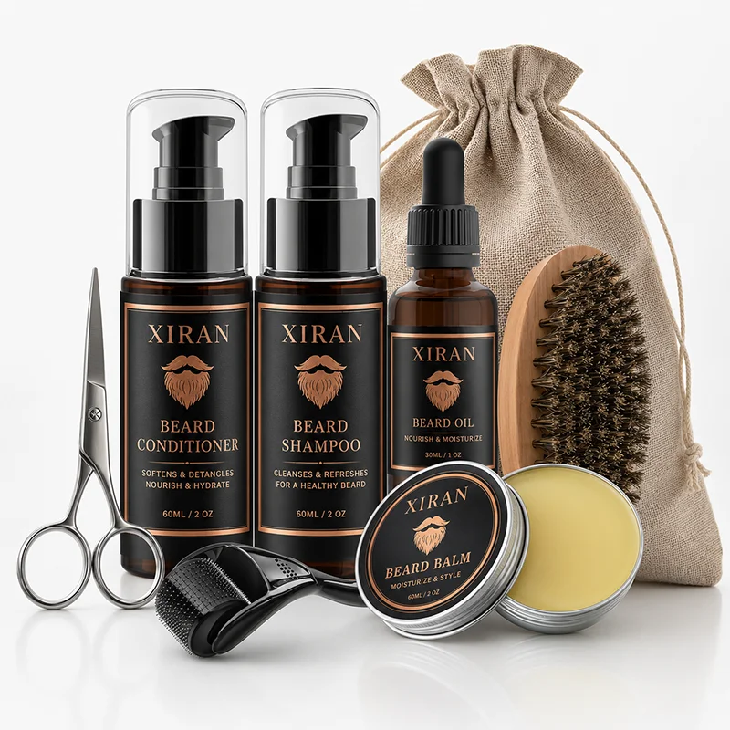 Beard care kit featuring Xiran branded beard conditioner, shampoo, oil, balm, grooming scissors, comb, and brush in a burlap bag.