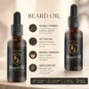 Two bottles of Xiran beard oil with text highlighting its natural ingredients, moisturizing properties, and beard care benefits.