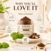 Xiran chocolate and mint lip scrub jar on a marble surface with ingredients like mint leaves, almonds, and chocolate. Text highlights benefits: softens lips, hydrates deeply, removes dry skin, has smooth texture, and provides a fresh mint feel.