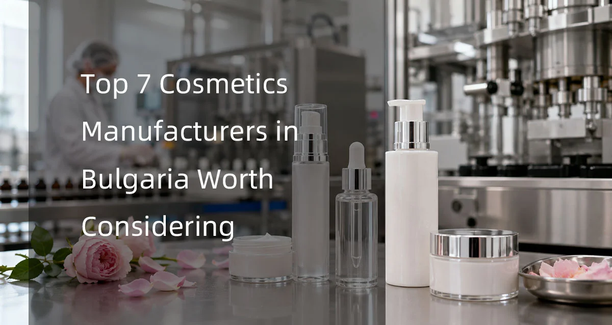 Cosmetic products on a table near manufacturing equipment with text overlay 'Top 7 cosmetics manufacturers in Bulgaria worth considering'.