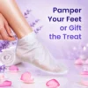 A foot wrapped in a white moisturizing treatment sock surrounded by pink rose petals and lavender decor on a soft purple background.