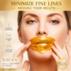 Gold collagen lip mask product with benefits highlighted, including hydrating, plumping lips, and smoothing lip lines, shown against a soft background.