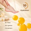 Close-up of a person touching their hydrated foot, surrounded by spa elements, oil bubbles, and hydration benefits text overlay.