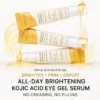 Three tubes of Kojic Acid Turmeric Brightening Eye Gel Serum with golden gel dripping from the tubes, emphasizing brightening, firming, and depuffing features.