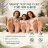 Feet of three individuals lounging on a couch with text promoting moisturizing care products free of silicone, parabens, lanolin, and sulfates.