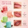 Xiran multi-use lip masks in four flavors (Berry, Grapefruit, Apple Lime, Mint Choco) alongside images showing lips in different looks for daytime, evening, and pre-makeup application.
