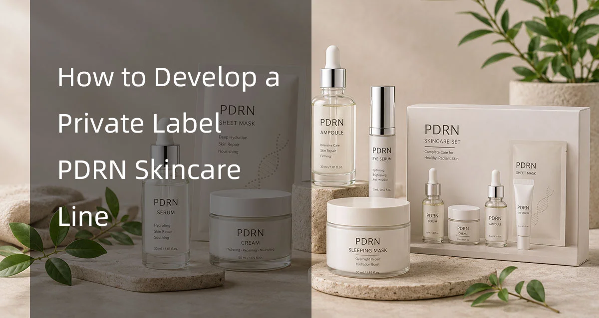 Eine Kollektion von PDRN-Hautpflegeprodukten, darunter Serum, Creme, Schlafmaske, Tuchmasken und Ampullen, wird zusammen mit einem Text über die Entwicklung einer Eigenmarken-Hautpflegelinie präsentiert.