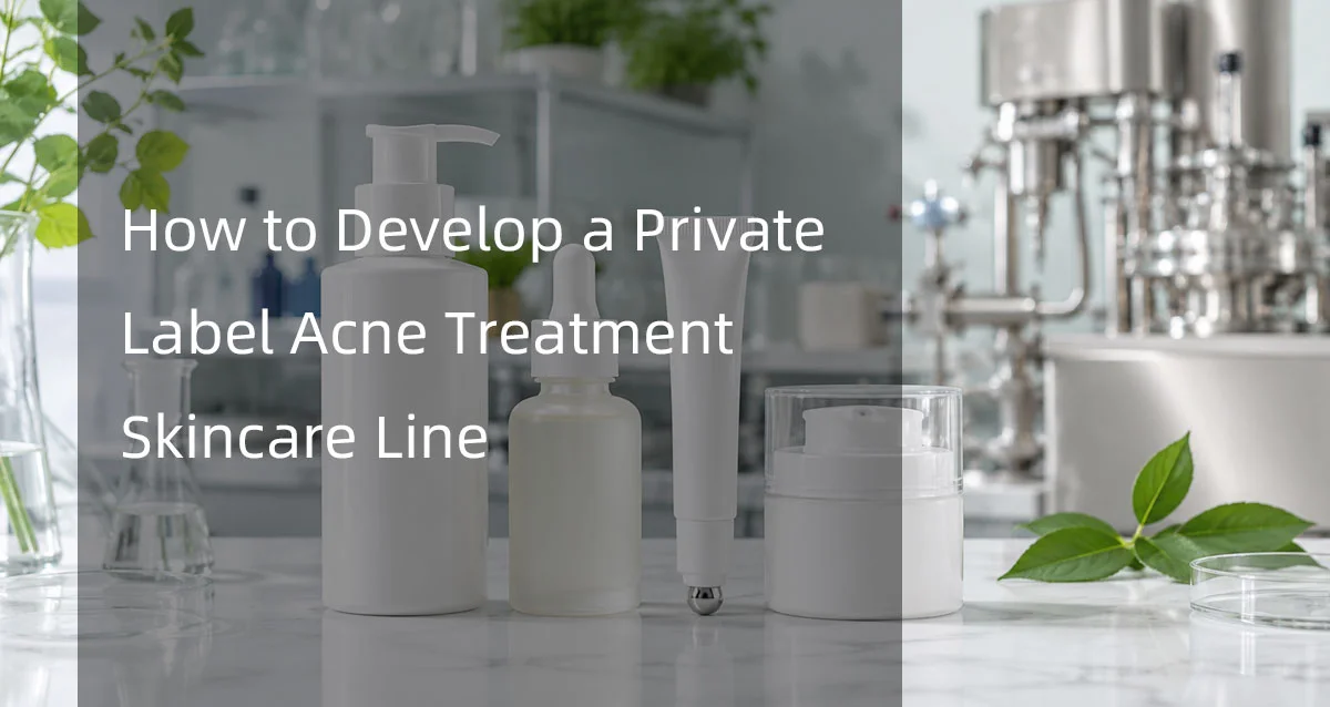 Skincare bottles and containers on a lab table with text overlay reading 'How to Develop a Private Label Acne Treatment Skincare Line'.