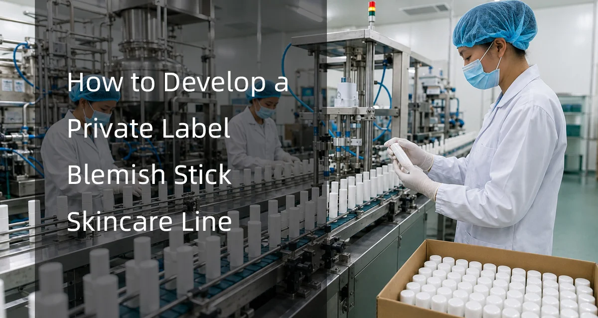 Factory workers in lab coats and hairnets inspecting blemish sticks on a production line for private label skincare.